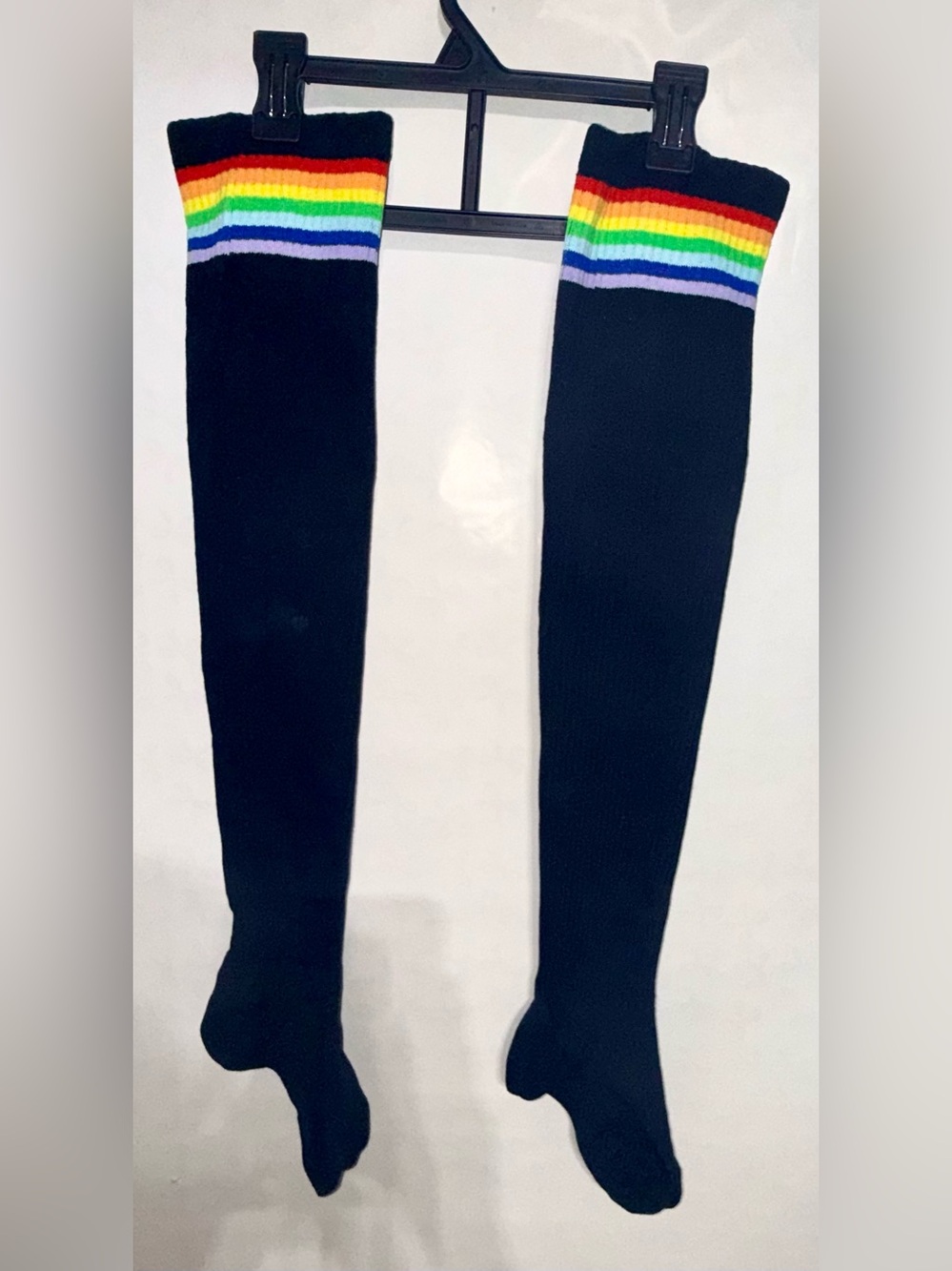 Plus Size Sexy Black Rainbow-Trim Thigh-High Socks